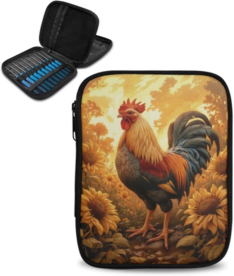 Xsehusvy Rooster Sunflower Fabric Crochet Kit for Crochet Beginner Washable Crochet Hook Case with Mesh Pockets Portable Crochet Bag Knitting Organizing Bag Easy to Carry - Image 1